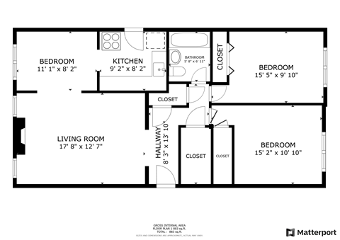 Floor plan for 2 beds, 1 bath, 944 sqft